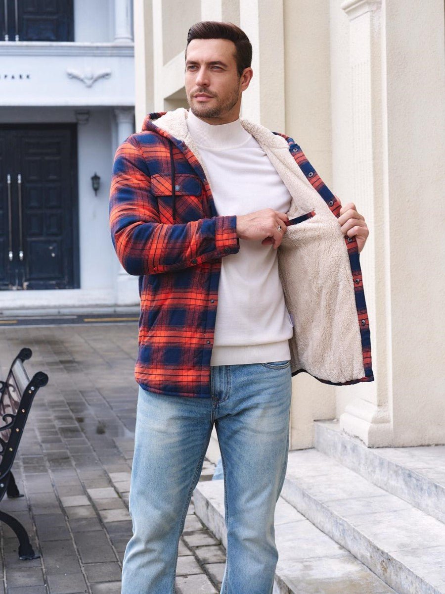 TACVASEN Orange Men's Flannel Plaid Shirt Jacket With 5 Pockets