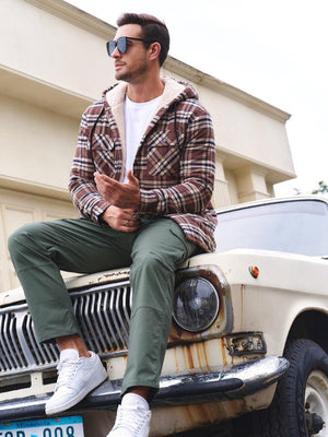 TACVASEN Brown Men's Flannel Plaid Shirt Jacket With 5 Pockets
