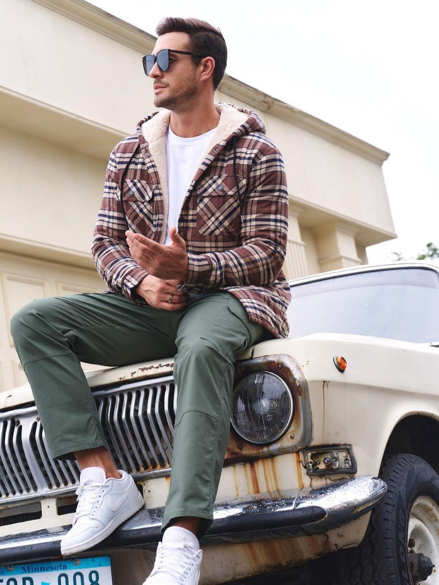 TACVASEN Brown Men's Flannel Plaid Shirt Jacket With 5 Pockets