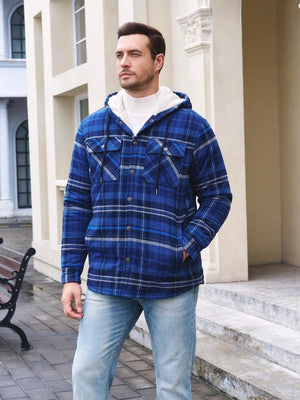 TACVASEN Blue Grey Men's Flannel Plaid Shirt Jacket With 5 Pockets