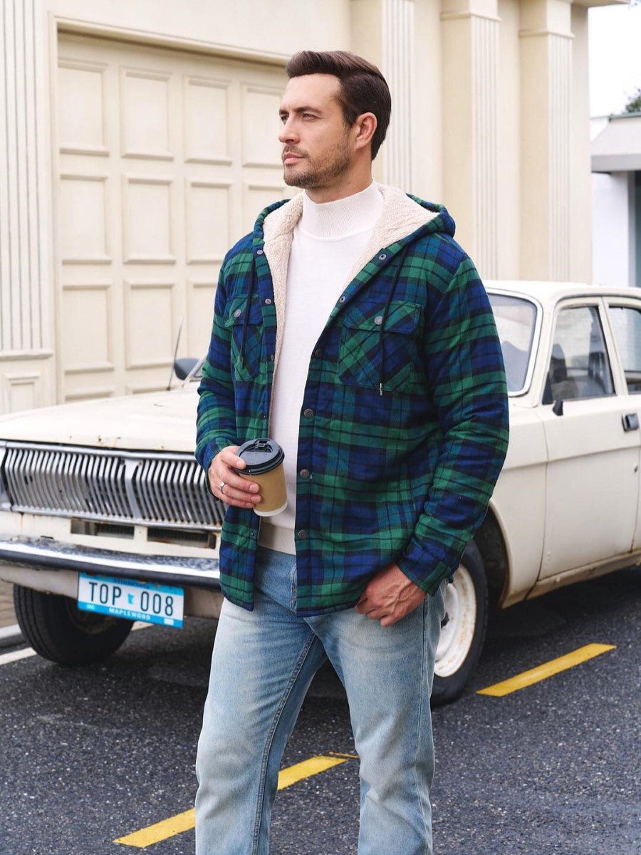 TACVASEN Green Men's Flannel Plaid Shirt Jacket With 5 Pockets