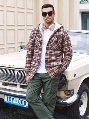 TACVASEN Brown Men's Flannel Plaid Shirt Jacket With 5 Pockets