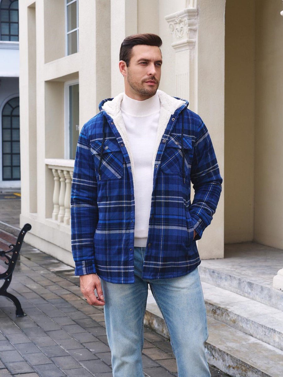 TACVASEN Blue Grey Men's Flannel Plaid Shirt Jacket With 5 Pockets