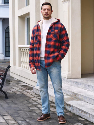 TACVASEN Orange Men's Flannel Plaid Shirt Jacket With 5 Pockets