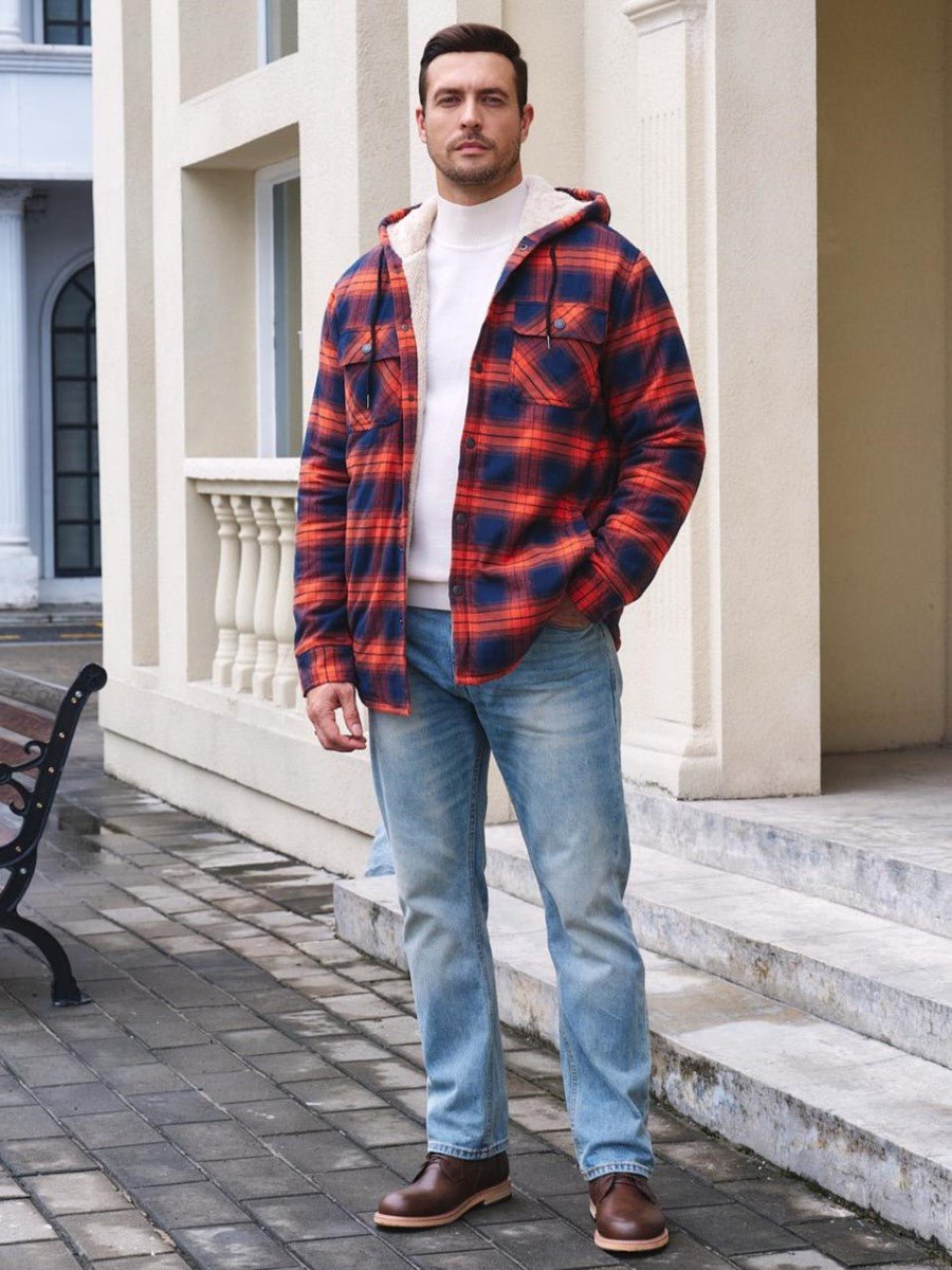 TACVASEN Orange Men's Flannel Plaid Shirt Jacket With 5 Pockets