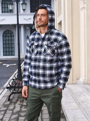 TACVASEN Black Men's Flannel Plaid Shirt Jacket With 5 Pockets