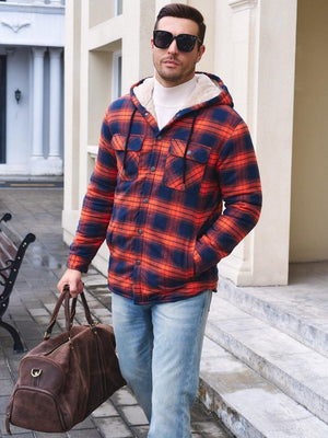 TACVASEN Orange Men's Flannel Plaid Shirt Jacket With 5 Pockets