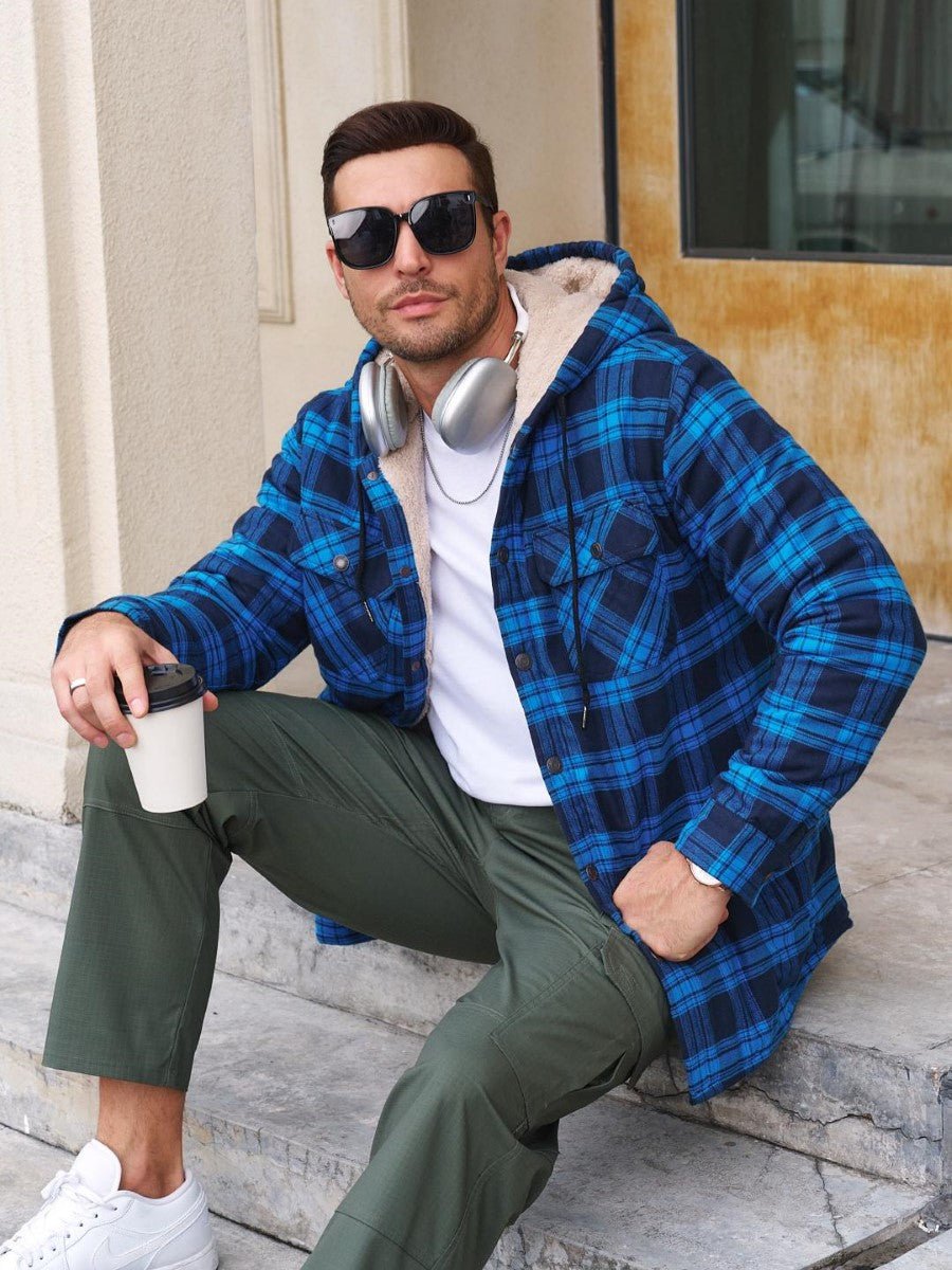 TACVASEN Bright Blue Men's Flannel Plaid Shirt Jacket With 5 Pockets