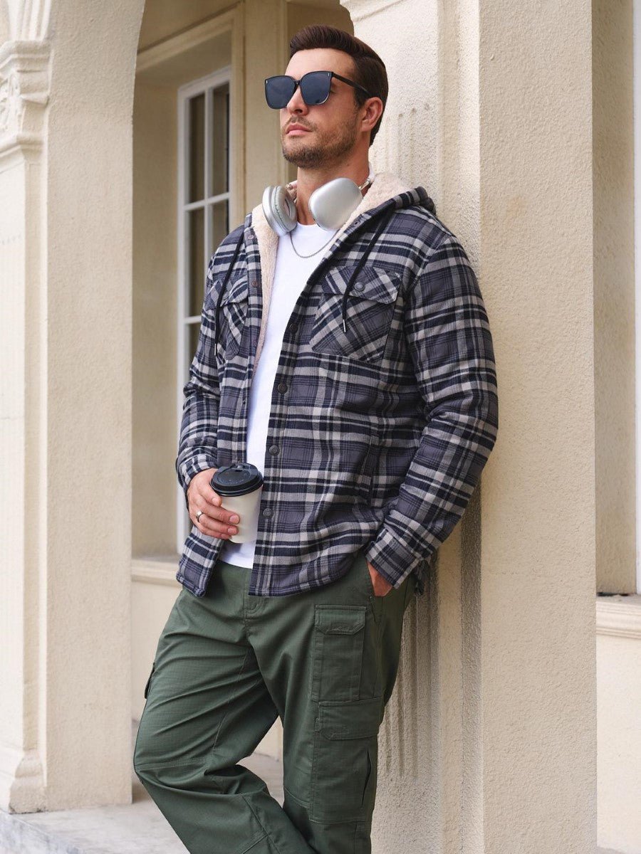 TACVASEN Black Grey Men's Flannel Plaid Shirt Jacket With 5 Pockets