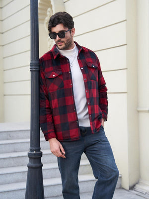 TACVASEN Black Red Men's Flannel Quilted Lined Winter Jackets