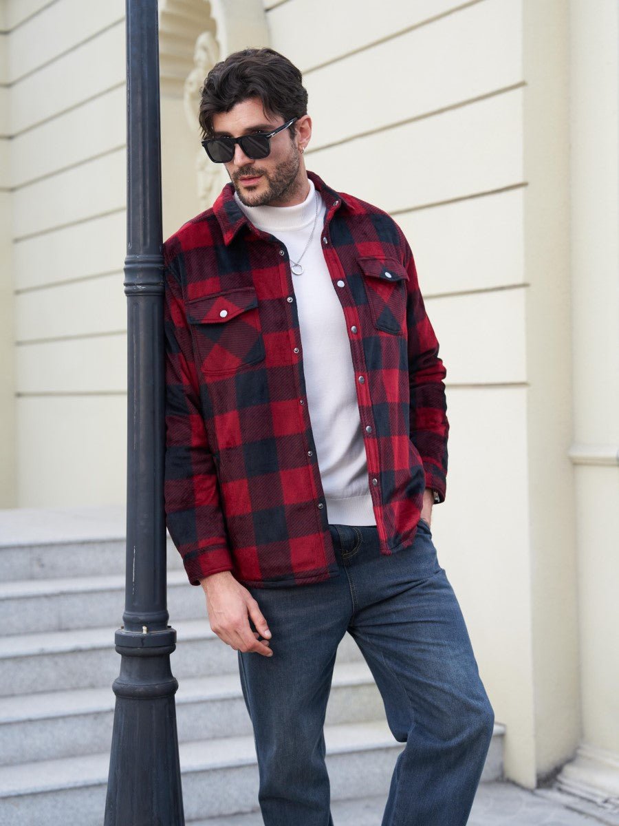 TACVASEN Black Red Men's Flannel Quilted Lined Winter Jackets