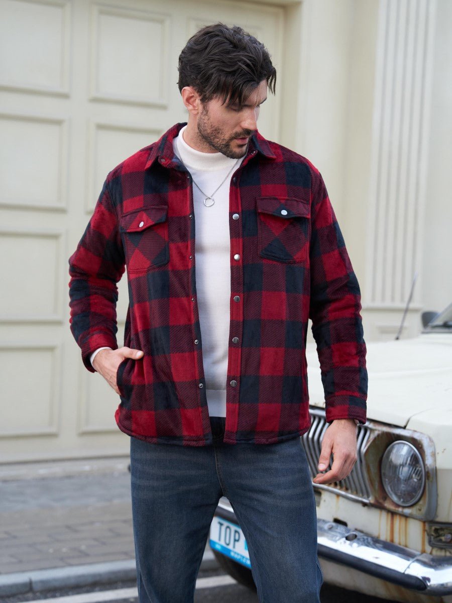 TACVASEN Black Red Men's Flannel Quilted Lined Winter Jackets