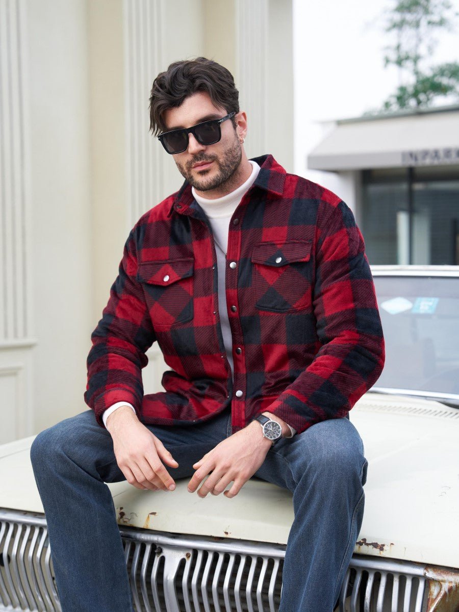 TACVASEN Black Red Men's Flannel Quilted Lined Winter Jackets