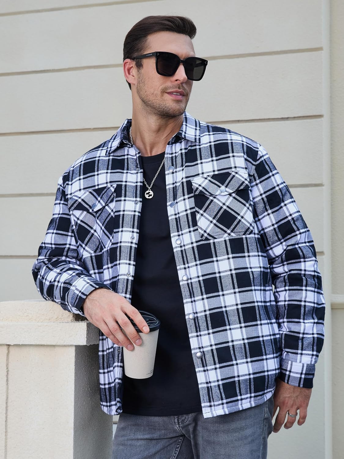 TACVASEN Black White Men's Flannel Shirt Long Sleeve Button Down Jacket