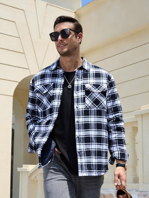 TACVASEN Black White Men's Flannel Shirt Long Sleeve Button Down Jacket