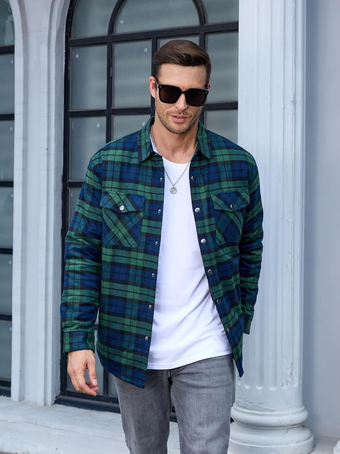 TACVASEN Green Men's Flannel Shirt Long Sleeve Button Down Jacket