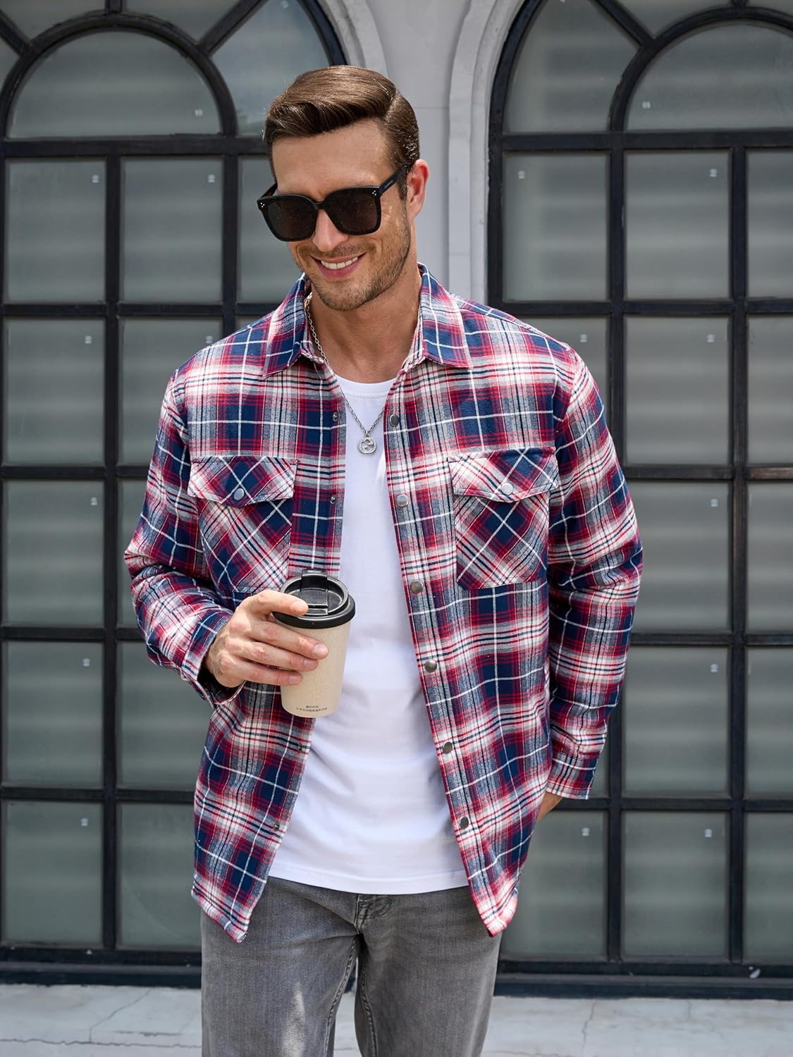 TACVASEN Red White Men's Flannel Shirt Long Sleeve Button Down Jacket