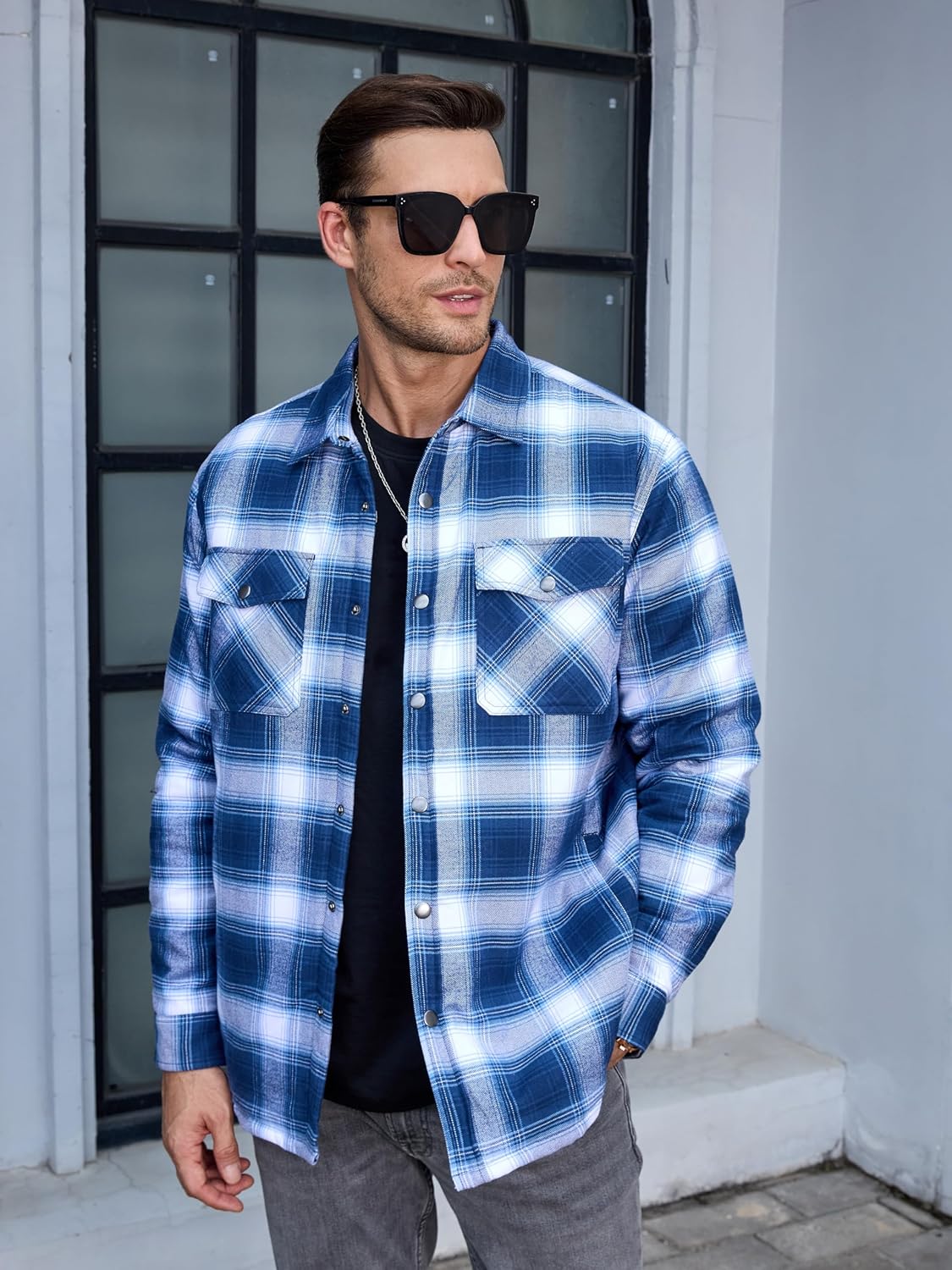 TACVASEN Blue White Men's Flannel Shirt Long Sleeve Button Down Jacket