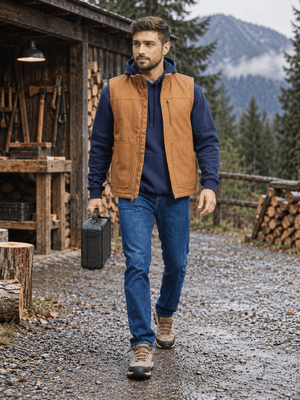 TACVASEN Brown Men's Fleece Heavy-duty Canvas Waterproof Vest