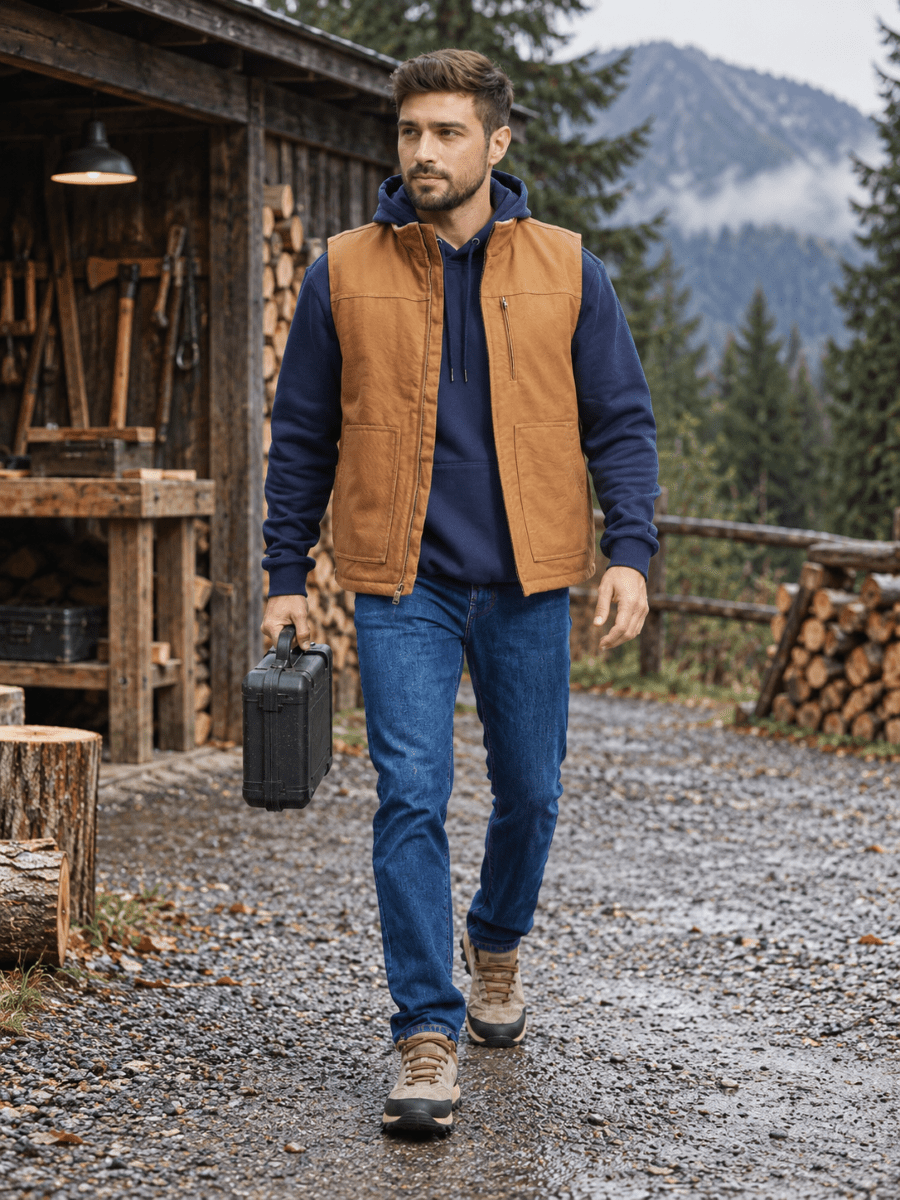 TACVASEN Brown Men's Fleece Heavy-duty Canvas Waterproof Vest