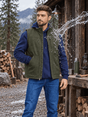 TACVASEN Army Green Men's Fleece Heavy-duty Canvas Waterproof Vest
