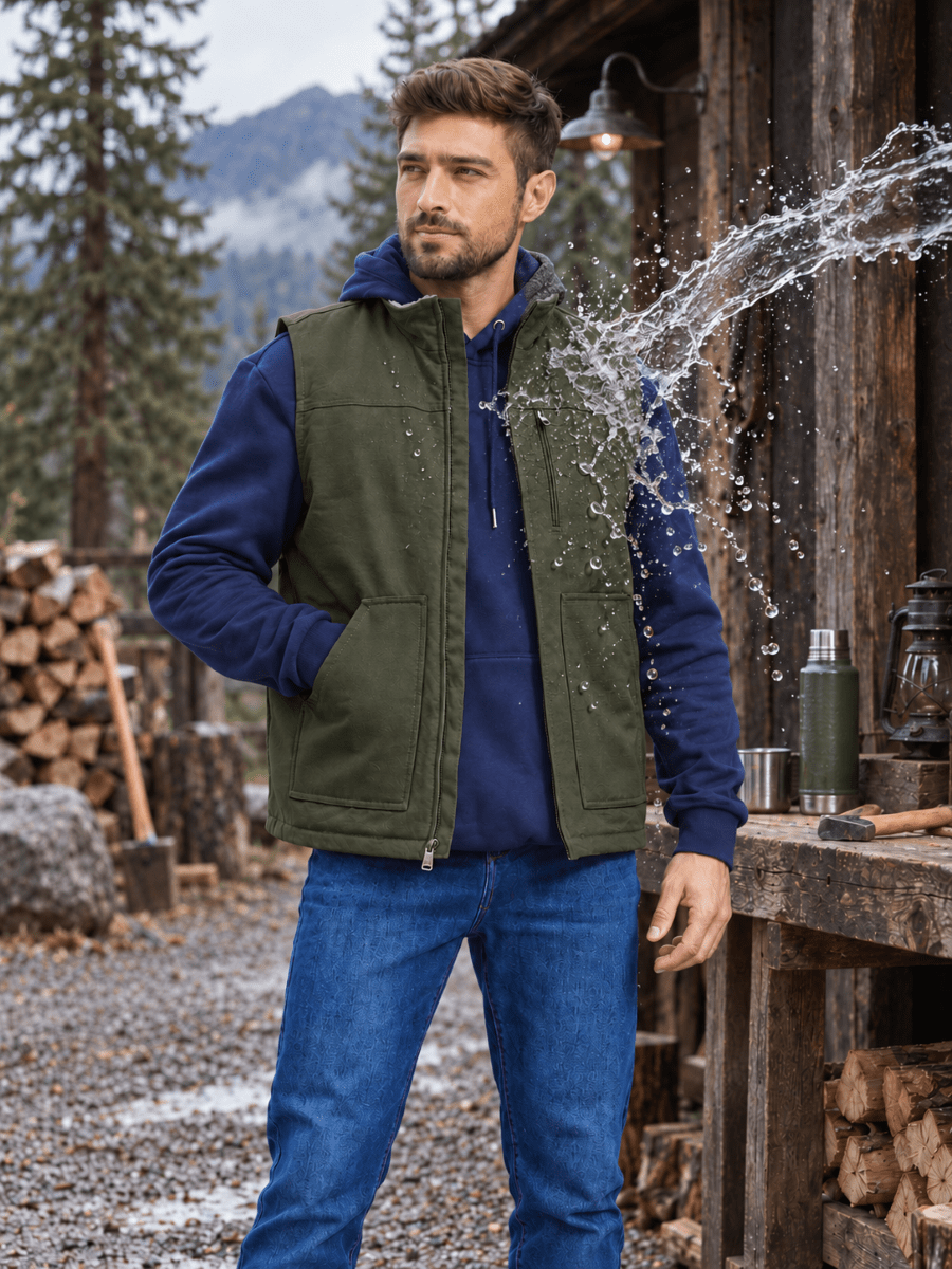 TACVASEN Army Green Men's Fleece Heavy-duty Canvas Waterproof Vest