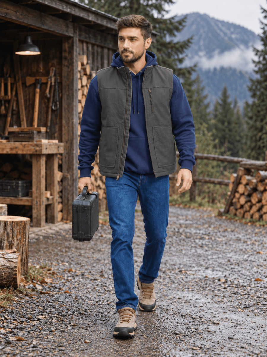 TACVASEN Dark Grey Men's Fleece Heavy-duty Canvas Waterproof Vest