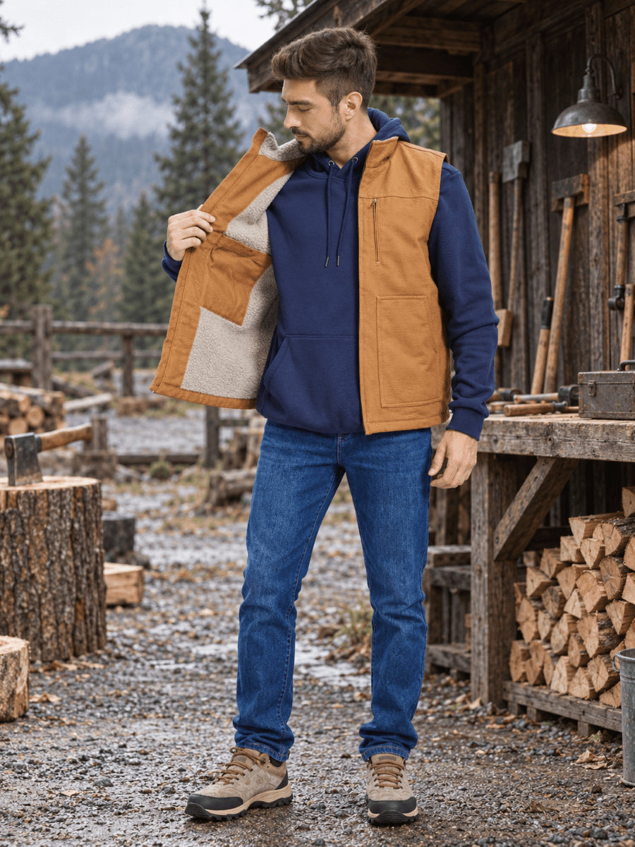 TACVASEN Brown Men's Fleece Heavy-duty Canvas Waterproof Vest