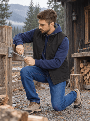 TACVASEN Black Men's Fleece Heavy-duty Canvas Waterproof Vest