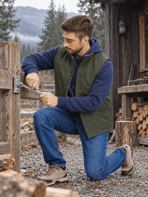 TACVASEN Army Green Men's Fleece Heavy-duty Canvas Waterproof Vest