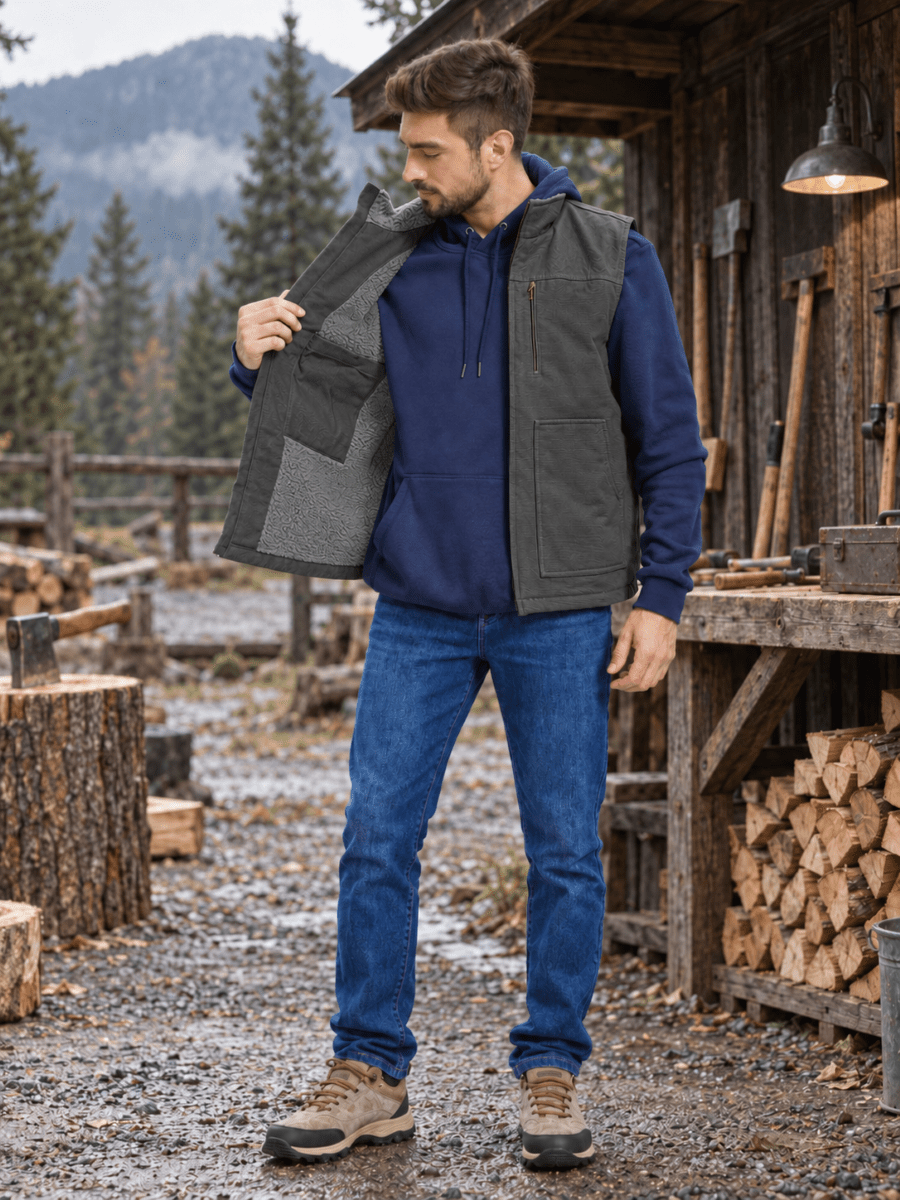 TACVASEN Dark Grey Men's Fleece Heavy-duty Canvas Waterproof Vest