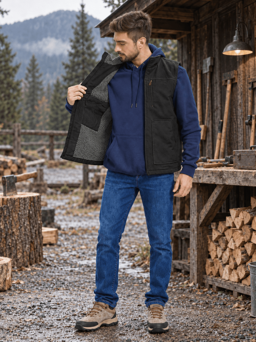 TACVASEN Black Men's Fleece Heavy-duty Canvas Waterproof Vest