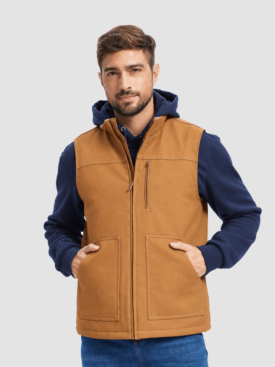 TACVASEN Brown Men's Fleece Heavy-duty Canvas Waterproof Vest