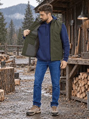TACVASEN Army Green Men's Fleece Heavy-duty Canvas Waterproof Vest