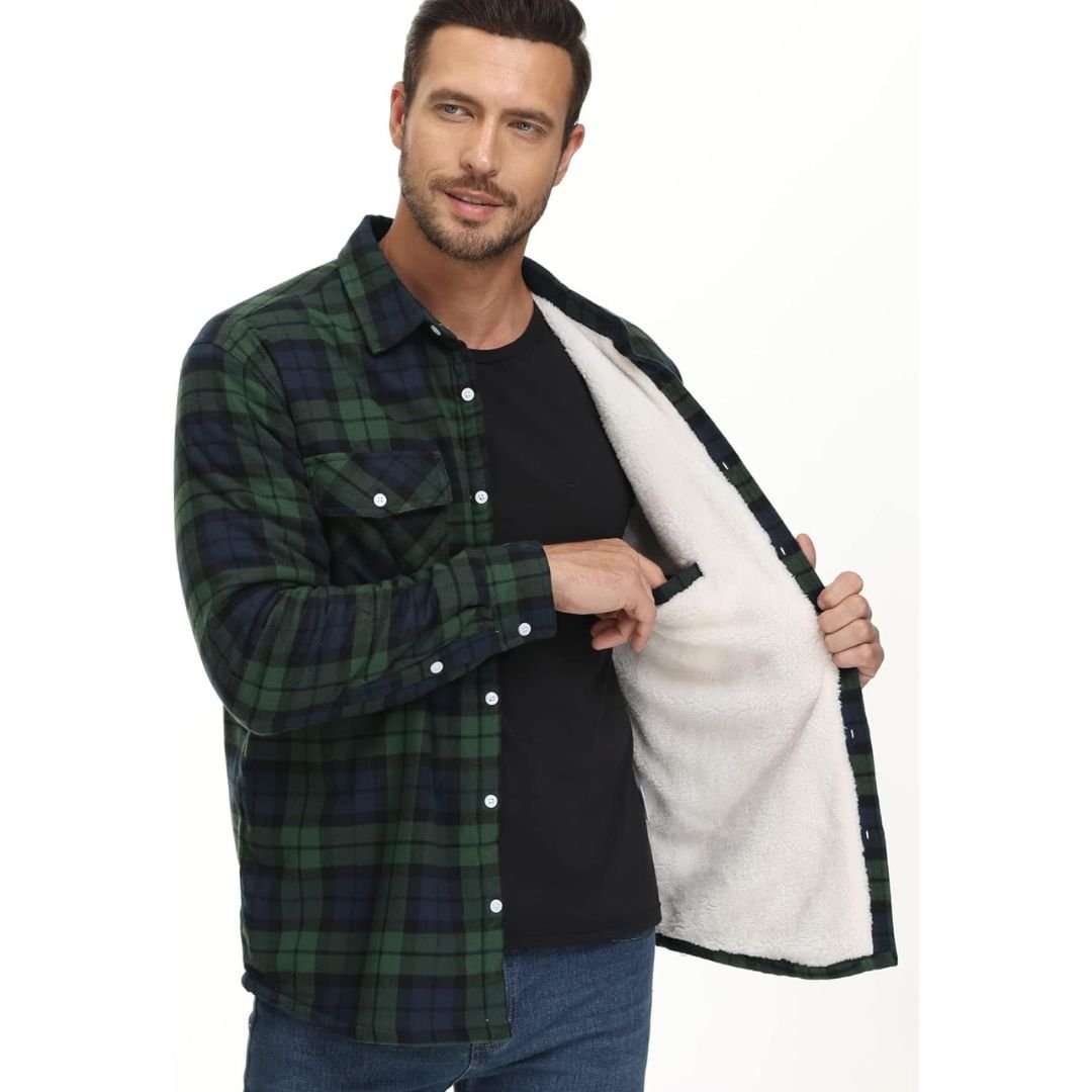 TACVASEN Green Flannel Shirt Jacket Fleece - Lined Multi Pockets