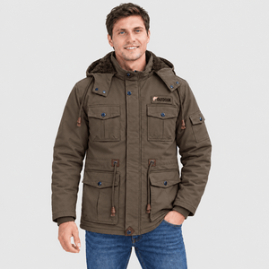 TACVASEN Coffee Men's Fleece Lined Cargo Jacket Warm Coat with Hood