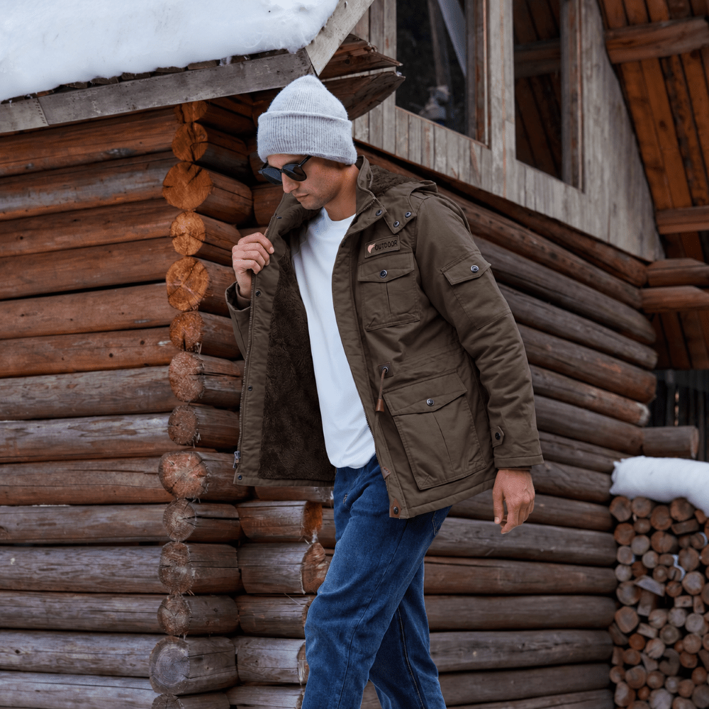 TACVASEN Coffee Men's Fleece Lined Cargo Jacket Warm Coat with Hood