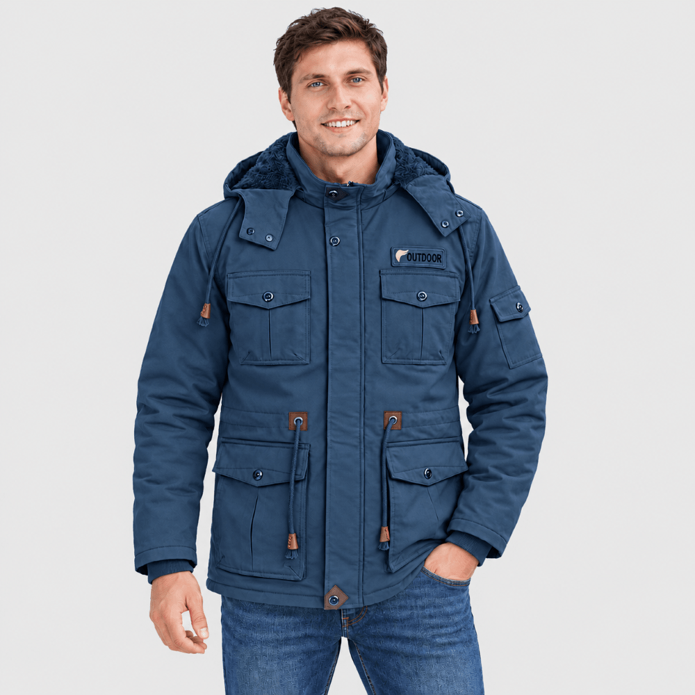 TACVASEN Denim Blue Men's Fleece Lined Cargo Jacket Warm Coat with Hood