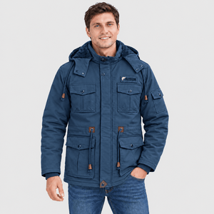 TACVASEN Denim Blue Men's Fleece Lined Cargo Jacket Warm Coat with Hood