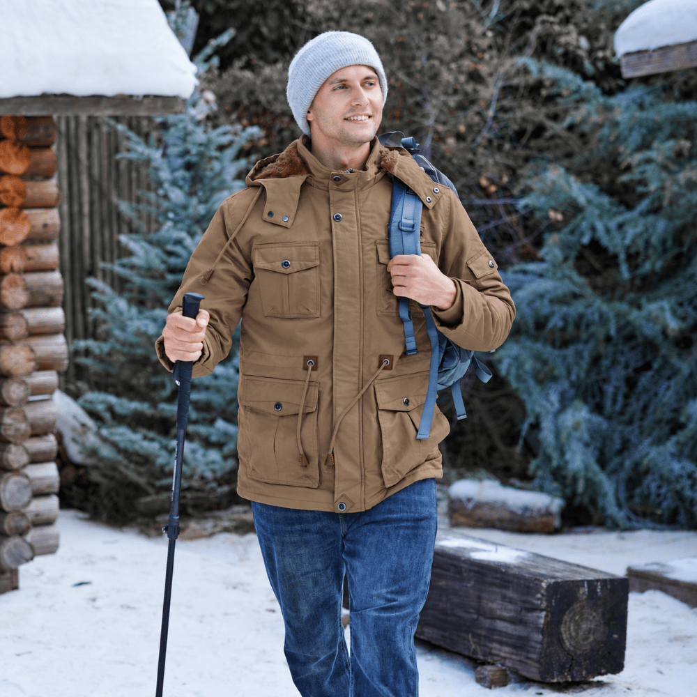 TACVASEN Khaki Men's Fleece Lined Cargo Jacket Warm Coat with Hood