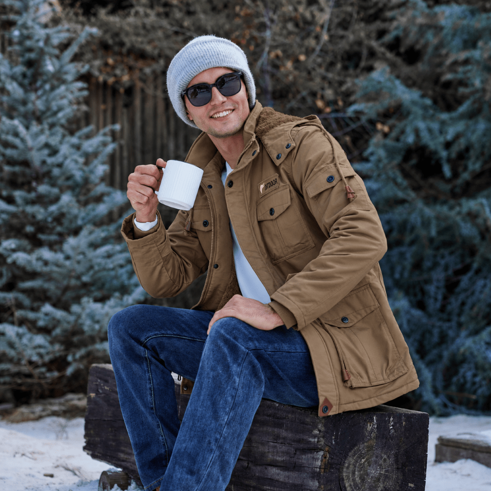 TACVASEN Khaki Men's Fleece Lined Cargo Jacket Warm Coat with Hood