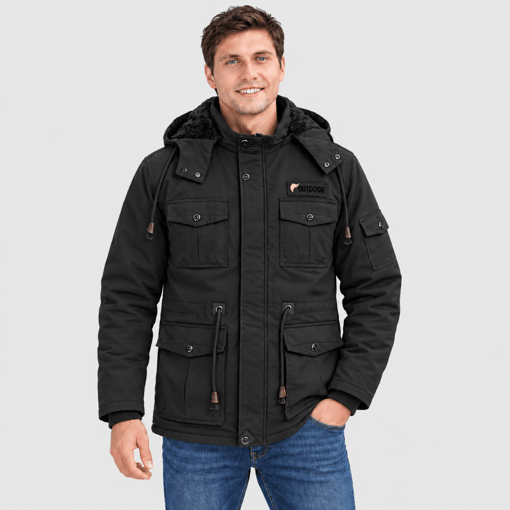 TACVASEN Black Men's Fleece Lined Cargo Jacket Warm Coat with Hood