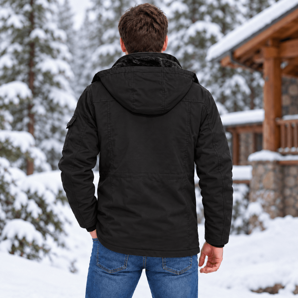 TACVASEN Black Men's Fleece Lined Cargo Jacket Warm Coat with Hood