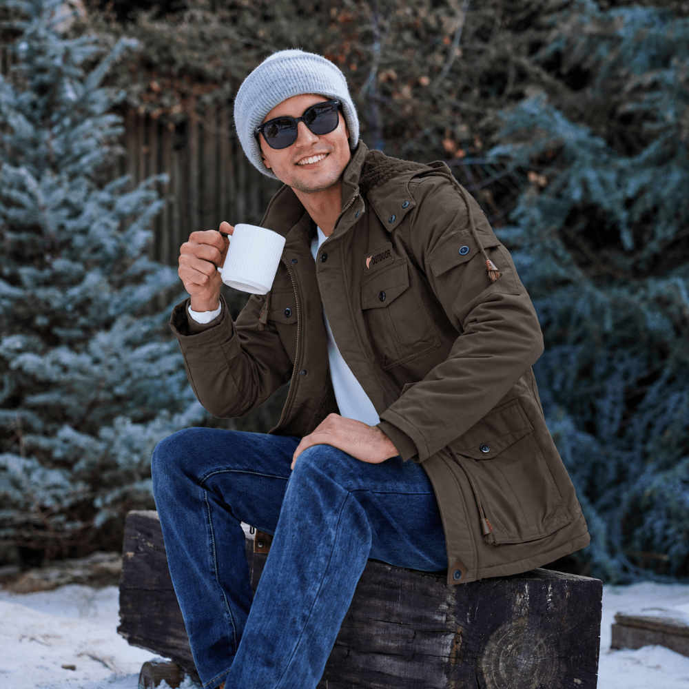 TACVASEN Coffee Men's Fleece Lined Cargo Jacket Warm Coat with Hood