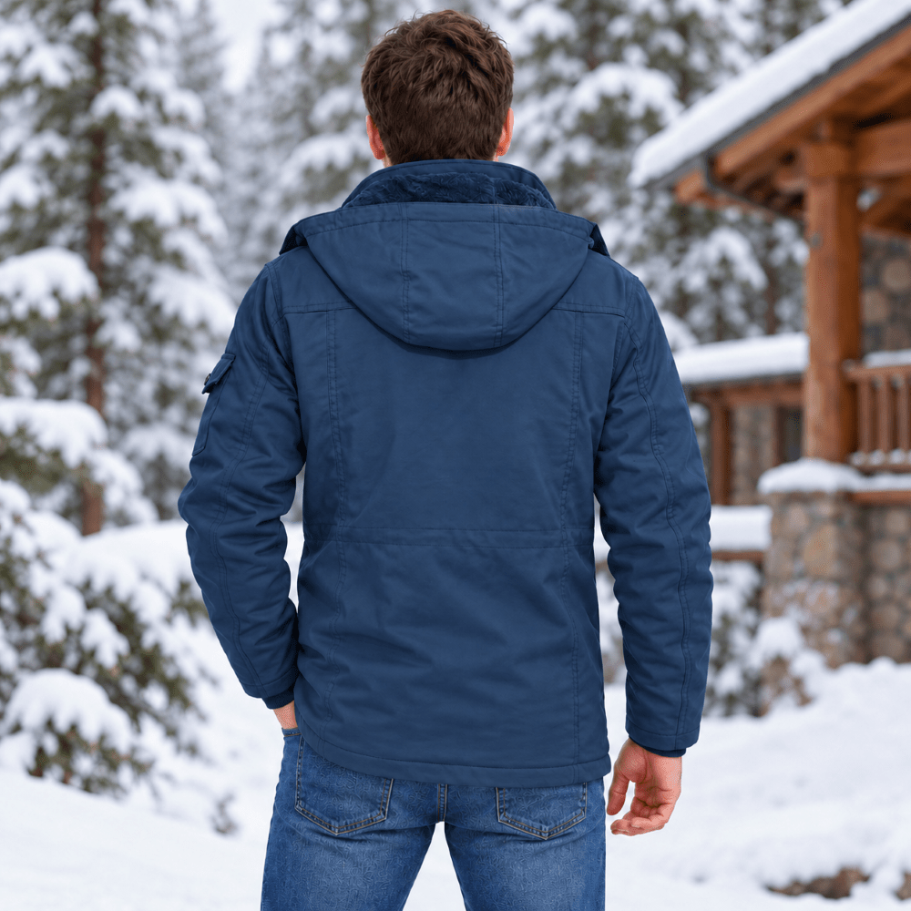TACVASEN Denim Blue Men's Fleece Lined Cargo Jacket Warm Coat with Hood