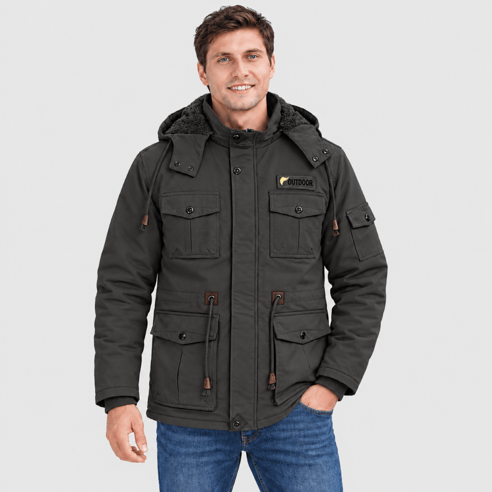 TACVASEN Dark Grey Men's Fleece Lined Cargo Jacket Warm Coat with Hood