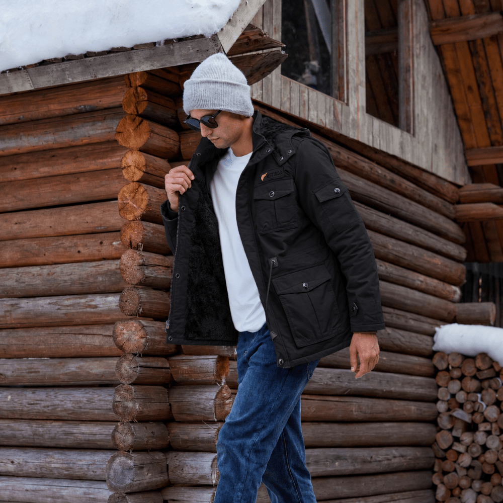 TACVASEN Black Men's Fleece Lined Cargo Jacket Warm Coat with Hood