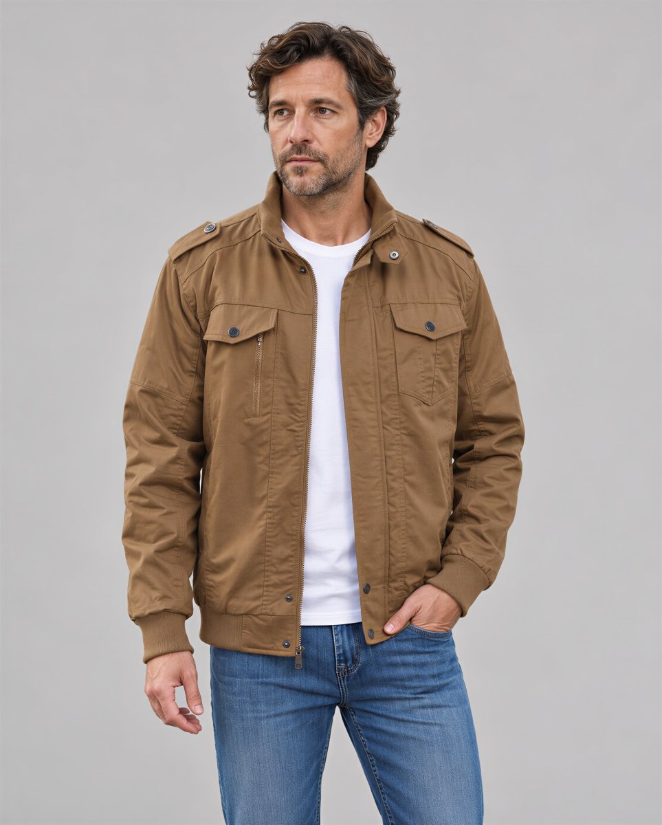 TACVASEN Khaki Men's Fleece Lined Cotton Casual Cargo Bomber Jacket