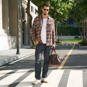 TACVASEN Grey Blue Flannel Shirt Jacket Fleece - Lined Multi Pockets