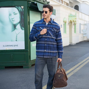 TACVASEN Grey Blue Flannel Shirt Jacket Fleece - Lined Multi Pockets